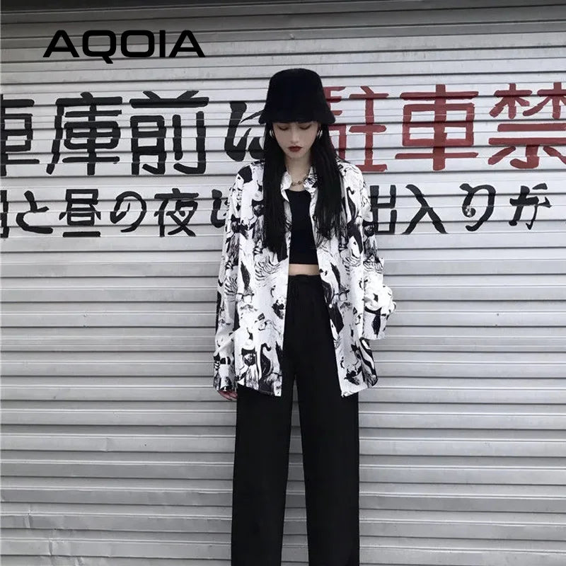 Harajuku Ink Blouse — Oversized Y2K Print Shirt
