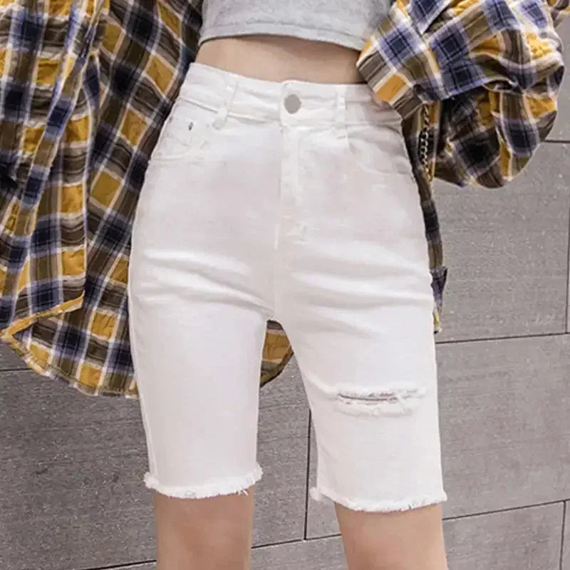Black White Straight Stretch Denim Shorts Women Midi Jeans Summer Shorts Streetwear Hole Ripped High Waist Shorts