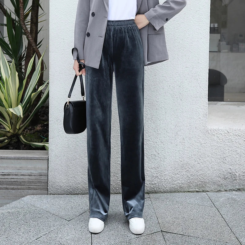 Women'S Pants Straight Female Trousers Wide Leg Korean Style Fashion Streetwear Vintage Velvet Casual Loose Pants Suits Office