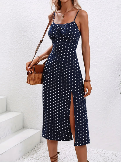 Women Floral Print Spaghetti Straps Summer Boho Beach Dress Elegant Suspenders Square Neck Slit Dress Vestidos