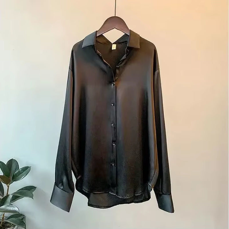 Silk Korean Office Ladies Elegant Shirt Blouse Women Fashion Button up Satin Shirt Vintage