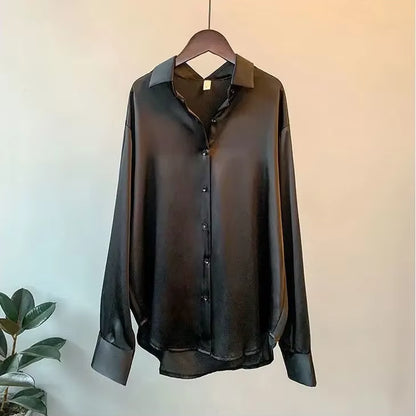 Silk Korean Office Ladies Elegant Shirt Blouse Women Fashion Button up Satin Shirt Vintage