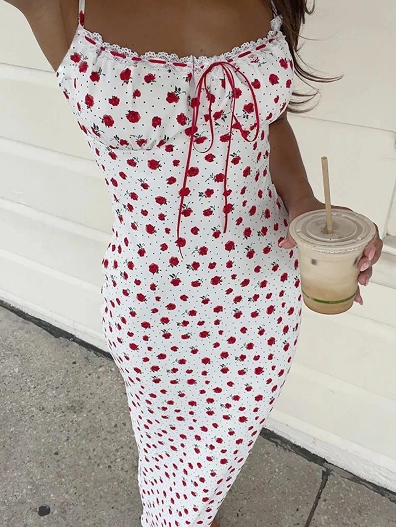 Sexy Backless Print Floral Women Maxi Dress White Spaghetti Strap Evening Dress Elegant Party Clubwear