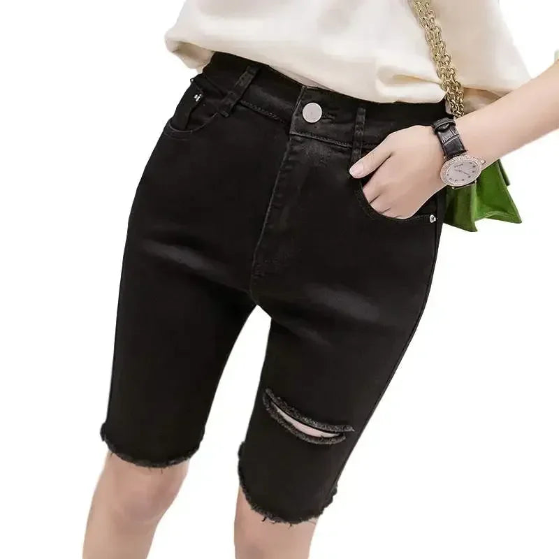 Black White Straight Stretch Denim Shorts Women Midi Jeans Summer Shorts Streetwear Hole Ripped High Waist Shorts