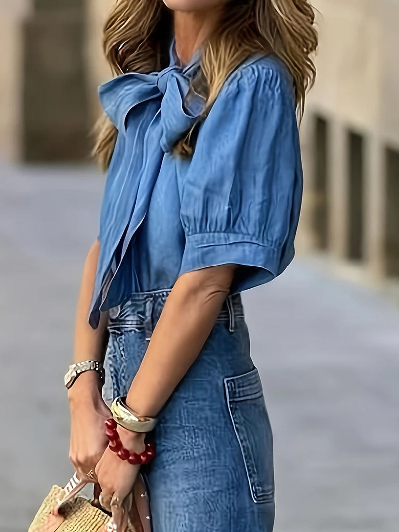 Spring Summer Solid Ladies Casual Blouse Top Women Elegant Lacing up Half Sleeve Button Shirts Streetwear Loose Fit Blusas