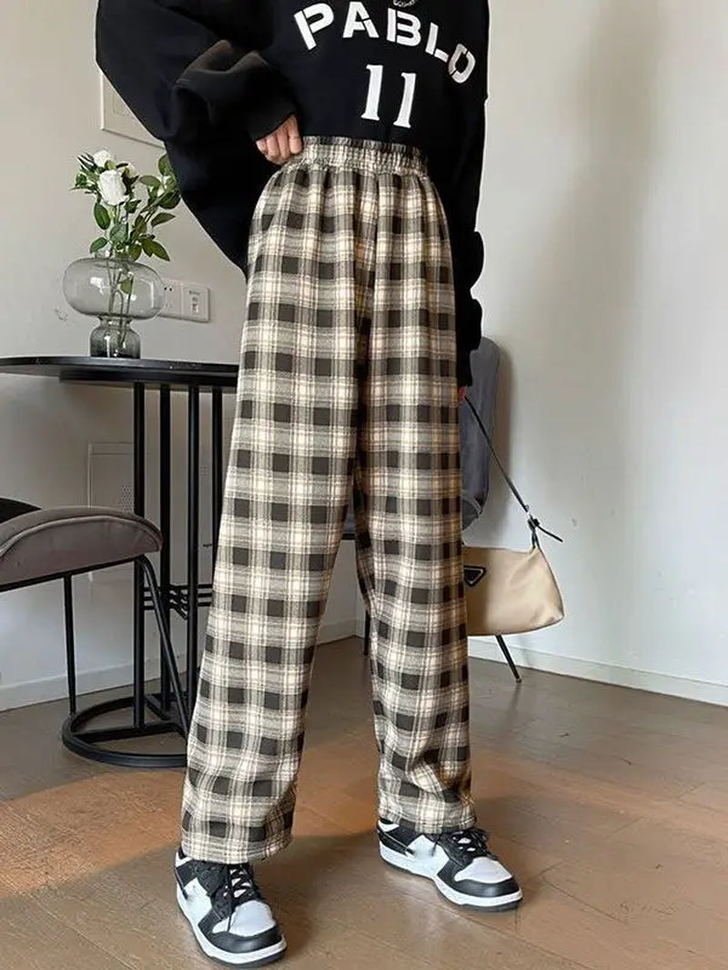 Plaid Pants Women Casual Loose Wide Leg Trousers Retro Straight Trousers Streetwear