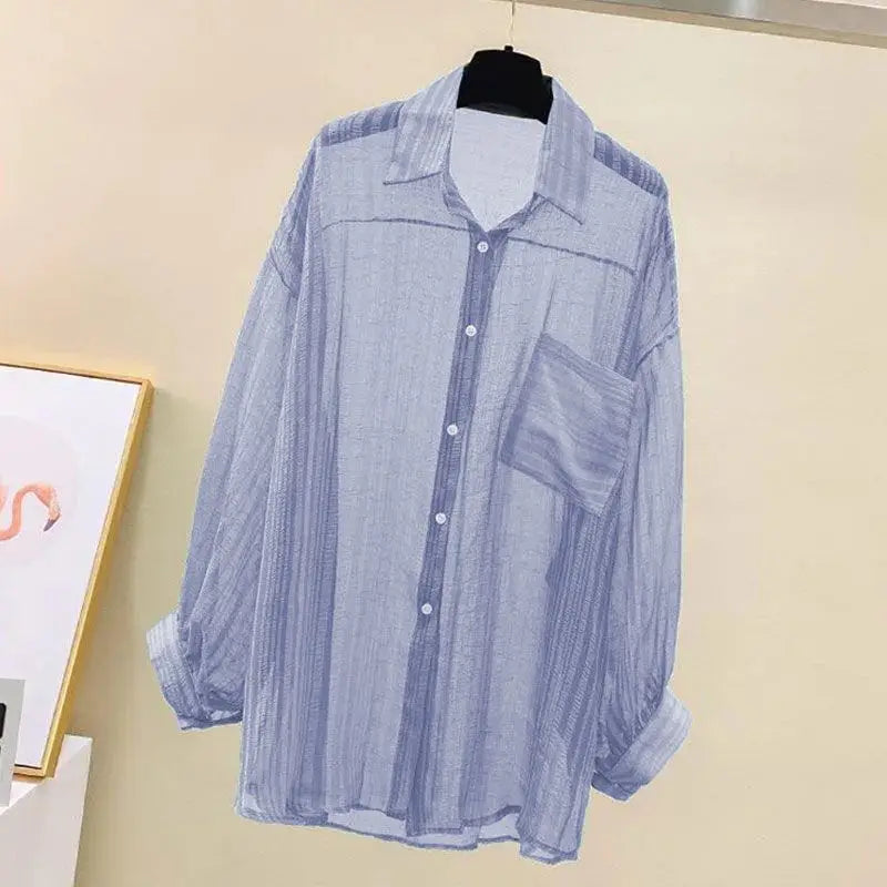 Summer Sunscreen Shirt Elegant Perspective Thin Chiffon Blouse Korean Harajuku See through Loose Top Casual Women'S Cardigan