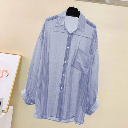 Summer Sunscreen Shirt Elegant Perspective Thin Chiffon Blouse Korean Harajuku See through Loose Top Casual Women'S Cardigan