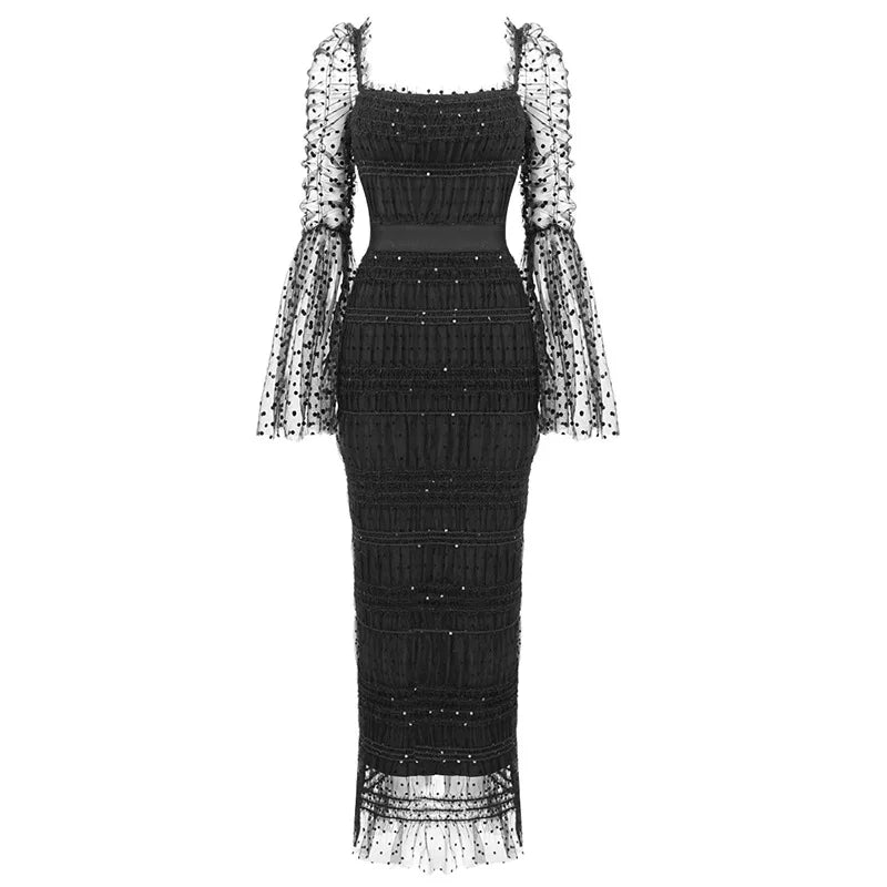 Noir Sequin Midi — Mesh Splicing Party Dress