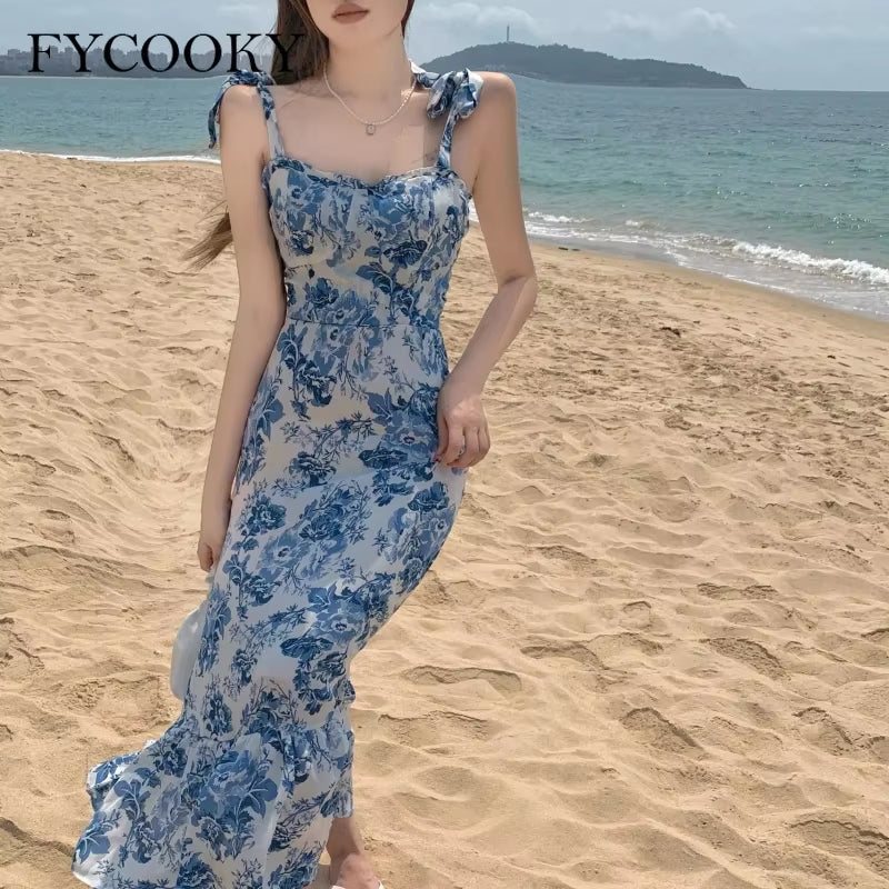French Vintage Floral Straps Dress Women Summer New Fishtail Long Dress Ladies Elegant Ruffle Sleeveless Dress