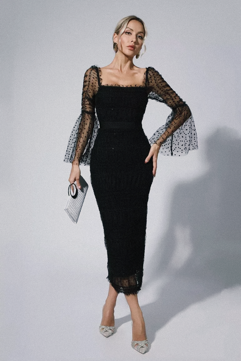 Noir Sequin Midi — Mesh Splicing Party Dress